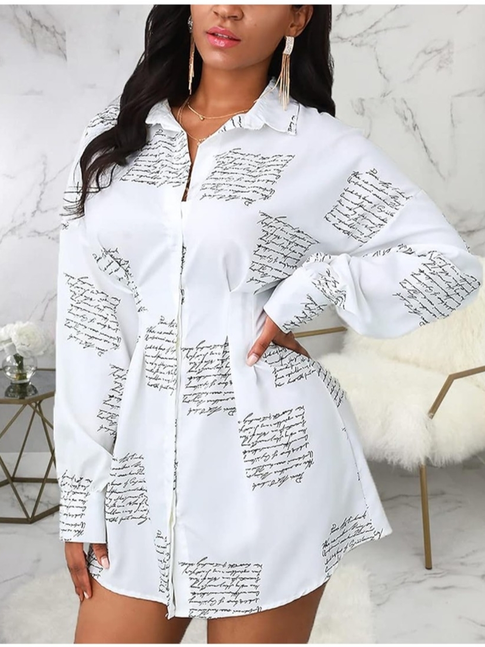 White Script-Print Button-Down Tunic Shirt